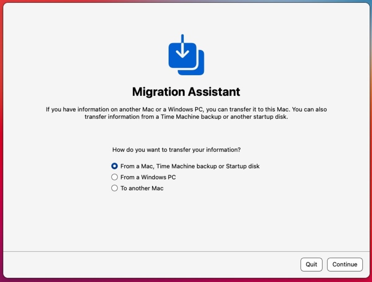 Migration Assistant showing options to transfer.