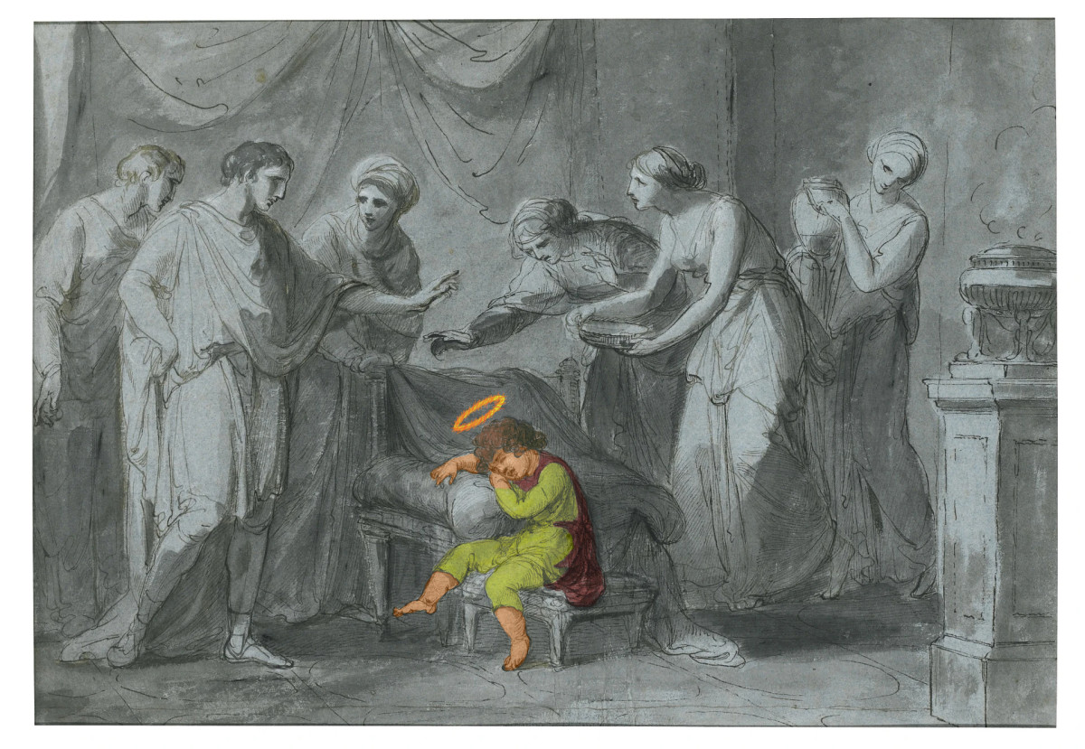 The sleeping child Servius Tullius. The picture depicts the king and queen preventing a servant from pouring water on the flame around the head of sleeping Servius.