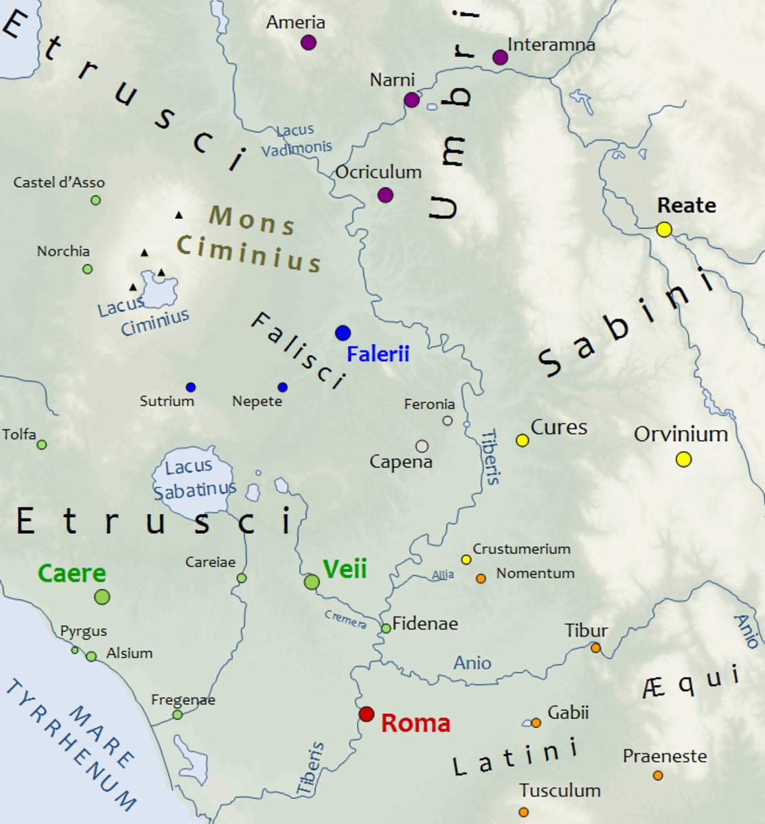 Map of central Italy around 450 BC. Rome (Roma) was surrounded by the Etruscans and Sabines to the north and the Latins to the south.