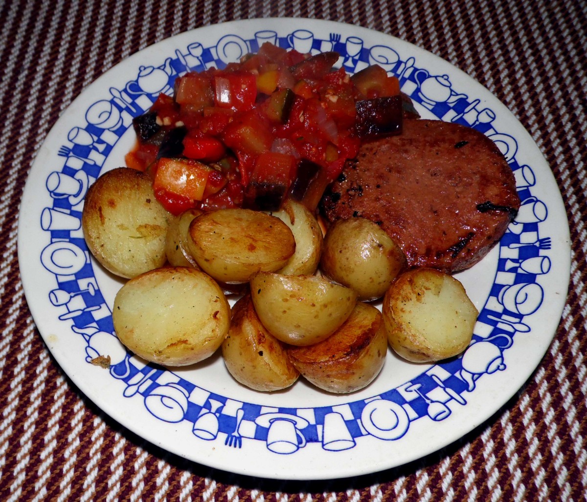 Ratatouille with burger and fried potatoes