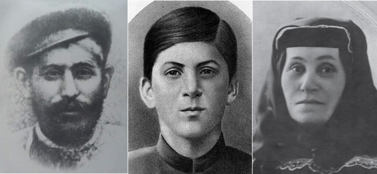 Stalin's family. Joseph (aged 16) with his father, Vissarion (left, date unknown), and mother, Ketevan Geladze (right, 1892).