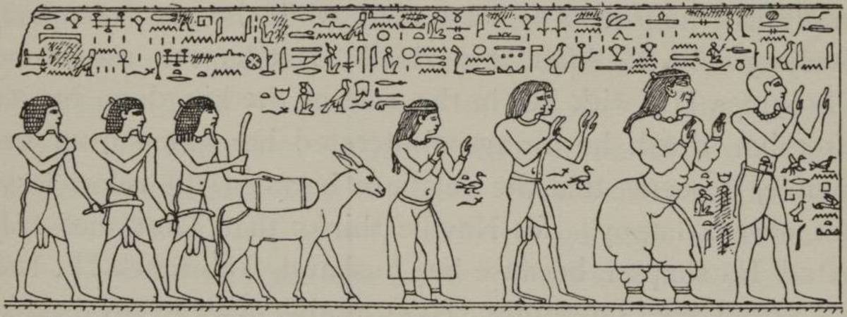 Ancient Egyptian drawing showing a trading expedition being greeted by the rulers of Punt; King Par-hu, and Queen Ati.