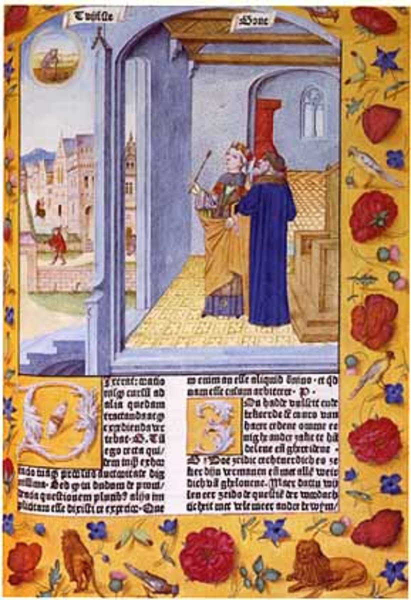 Lady Philosophy with Boethius in the Consolation of Philosophy, written by Boethius as he was exiled and awaiting execution.