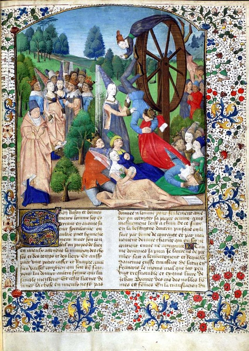 The popularity of Lady Philosphy lead to other "ladies" appearing in the Middle Ages, such as Lady Fortune and her wheel of fortune as in one of Boccaccio's works.