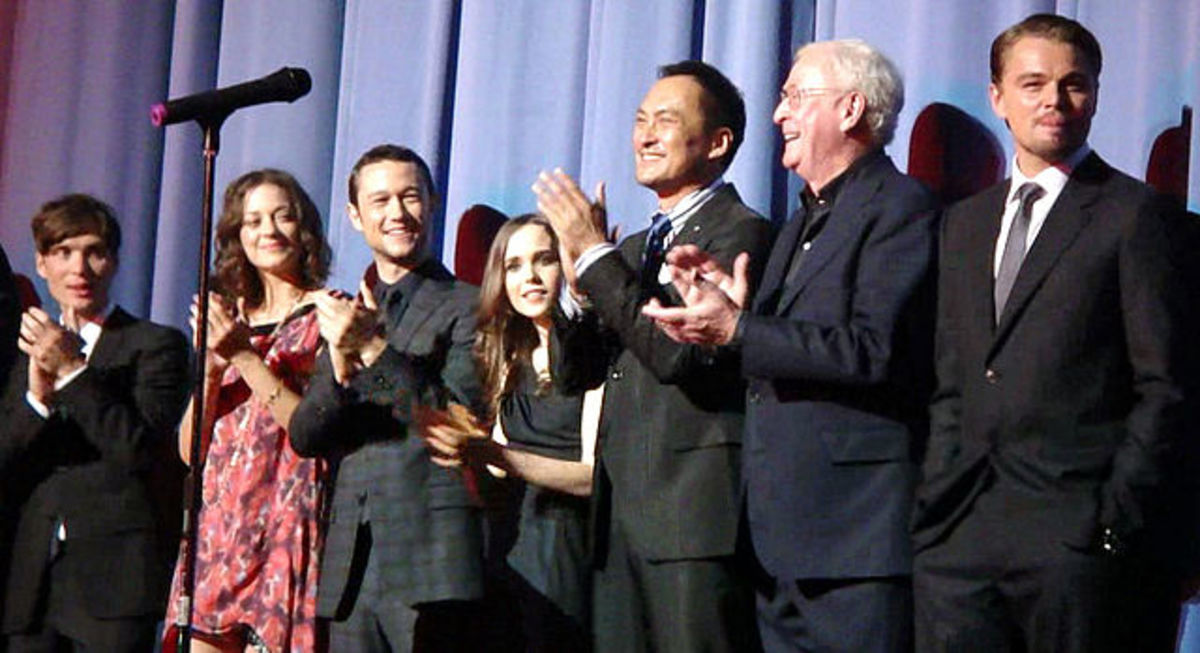 The cast of Inception at a premiere in July 2010. From left to right: Cillian Murphy, Marion Cotillard, Joseph Gordon-Levitt, Elliot Page, Ken Watanabe, Michael Caine, and Leonardo DiCaprio.