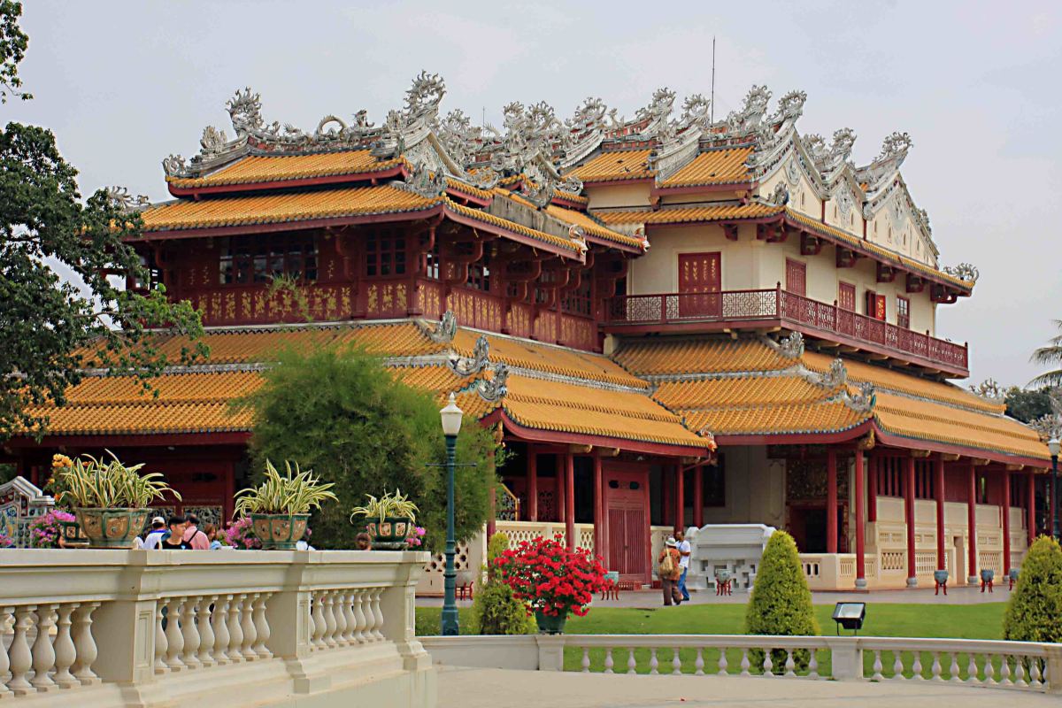 Phra Thinang Wehat Chamrun - the romantic Chinese Pavilion - has ornamental tiled floors, massive ebony furniture, and displays of gold, silver, and fine porcelain