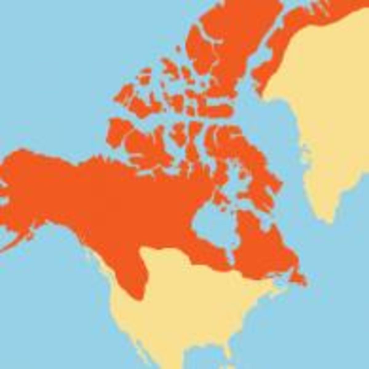 Orange or red represents native gray wolf country in North America.