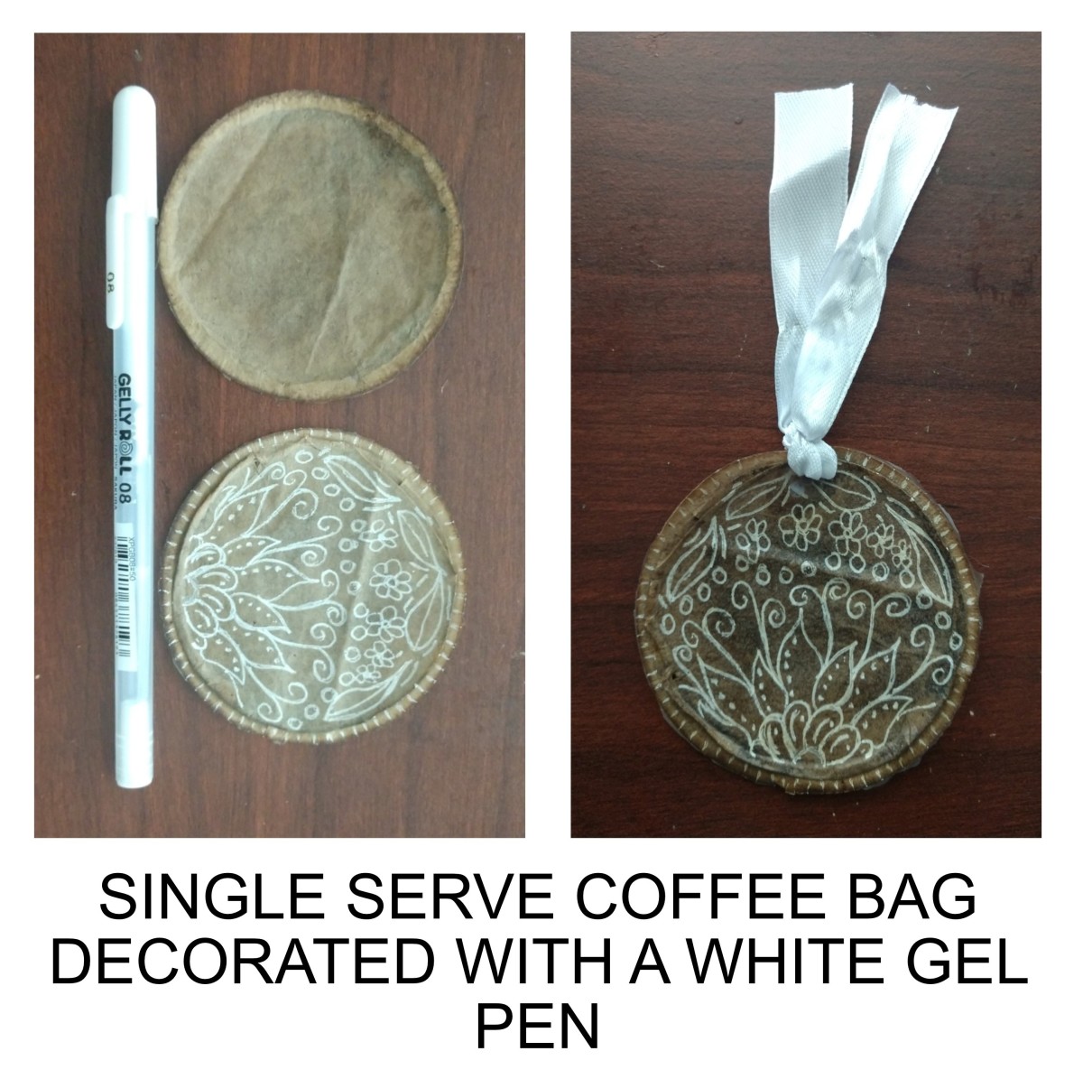 A single serve coffee pouch. Treat the paper with the pasta starch first before decorating. It will prevent the pen ink from running. This is a pouch and the pasta starch will glue the front and back of the pouch together.