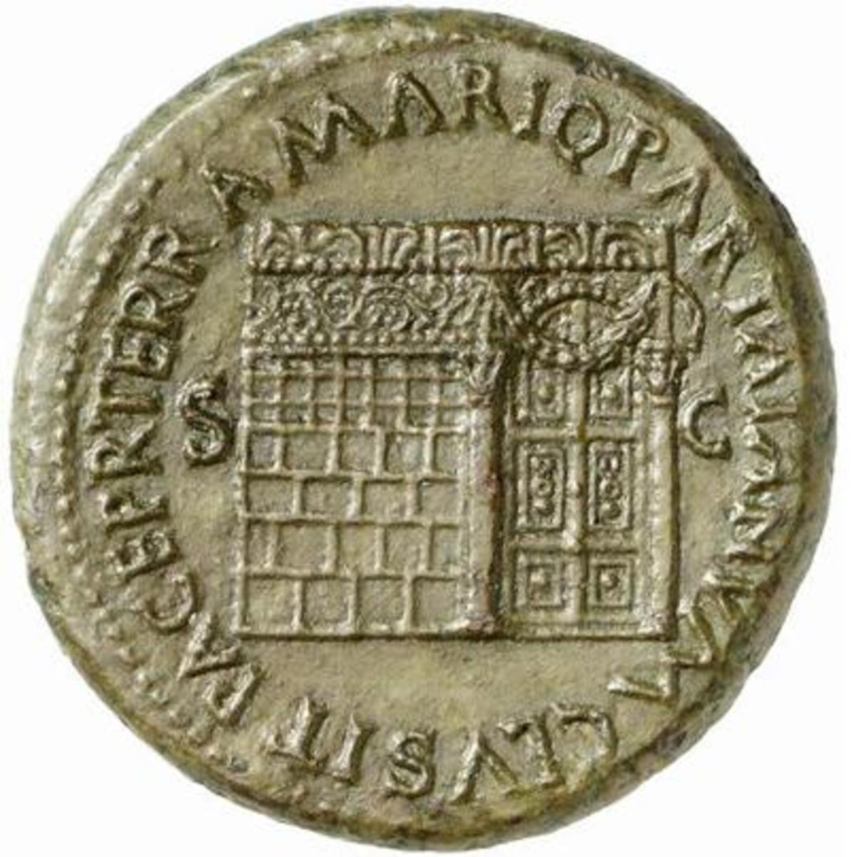 First century AD Roman coin depicting the doors to the temple of Janus.