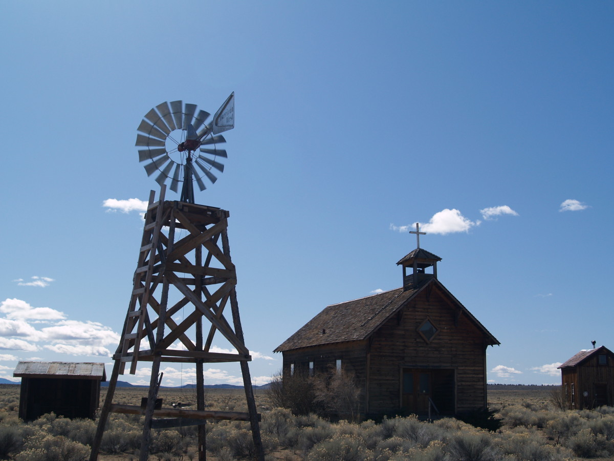 An old windmill and Catholic church, Fort Rock - Oregon