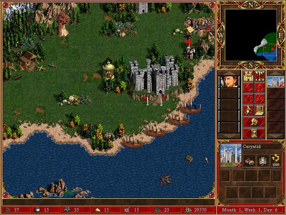 A screenshot taken very early during the first campaign of the game. On the bottom, you can see the amount of resources the player has. To the right, you can see heroes and towns.