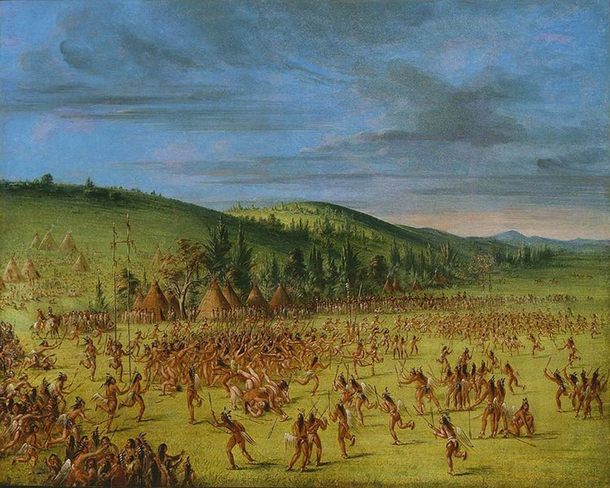 Ball Play of the Choctaws-Ball Up, painted by George Caitlin, 18th Century. Original game fields were up to 2 miles long, with 1,000 players per team.
