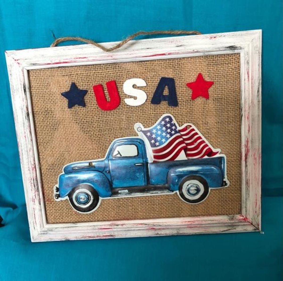 Blue truck with "USA"