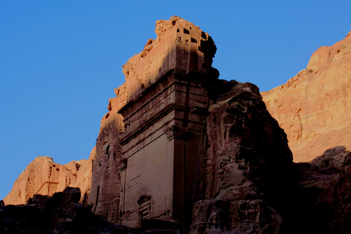 Late afternoon is a good time to be in Petra, for the way the light shines on the rock faces. This is the 'Aneisho' Tomb - so-called after a Nabataean whose name was found inscribed on a rock fragment found nearby. 