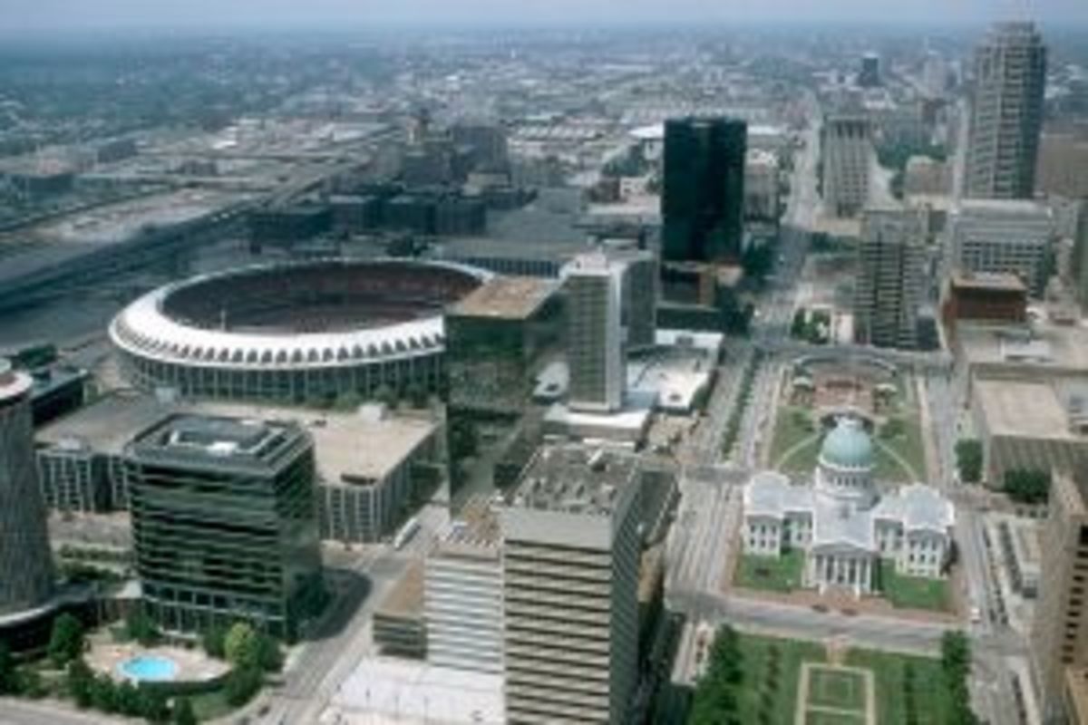 Downtown St. Louis, with the old Cardinals Busch Stadium and Govt Buildings.