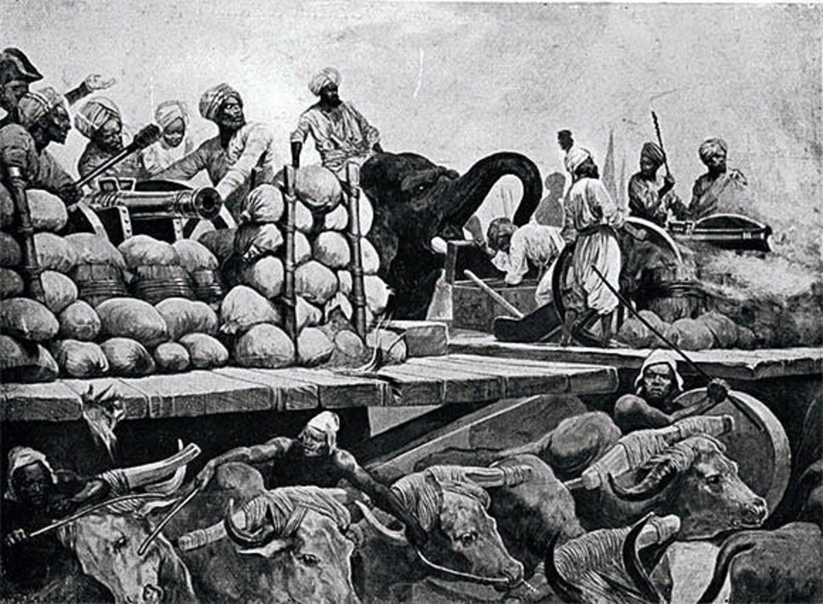 Siraj-ud-Daulah’s army and guns on wooden trucks pulled and pushed by oxen and  elephants respectively, at the Battle of Plassey on 23rd June 1757.