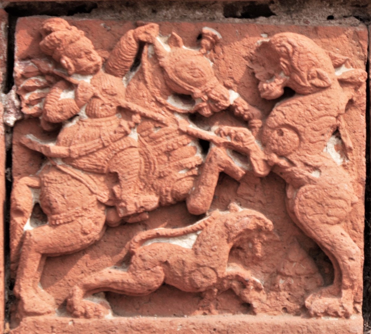 Social event in temple decoration : hunting scene; Terracotta; Ramchandra temple, Guptipara, district Hooghly