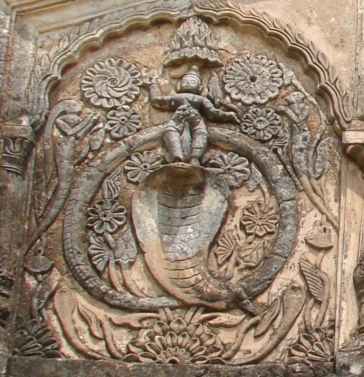 Stucco; Krishna Leela : Kaliya Daman ; Bhavanishwar temple, baronagar, Murshidabad