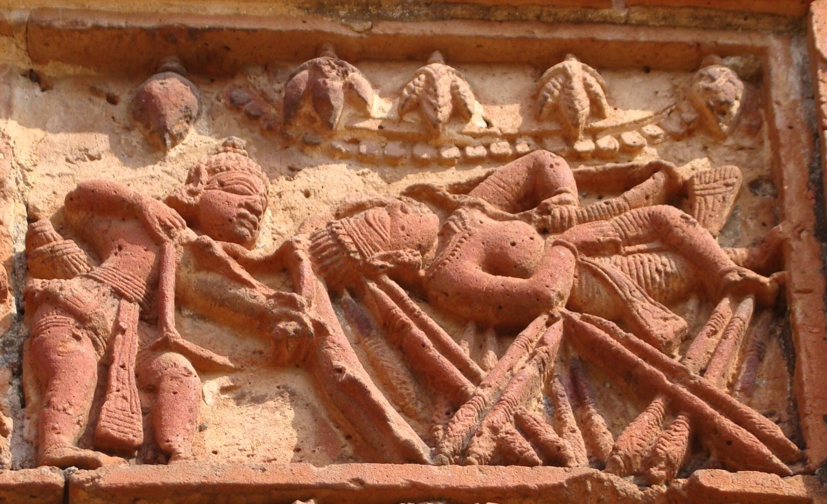 Terracotta; tale from Mahabharata (Bhishma on bed of arrows); Madanmohan temple, Vishnupur