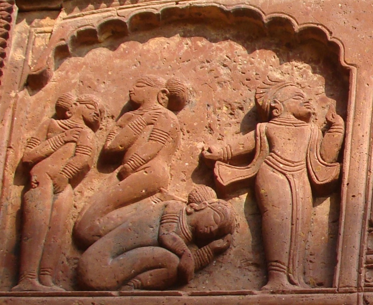 Stone; Krishna Leela : Vastraharan; Shiva temple, Ganpur, district Birbhum.