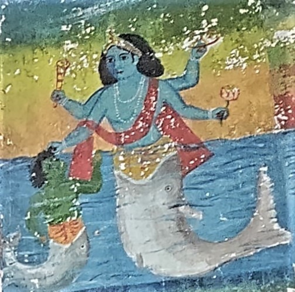 Mural on temple wall - an image of Lord Vishnu in his fish-avatar; Kalleshwar temple, district Birbhum.