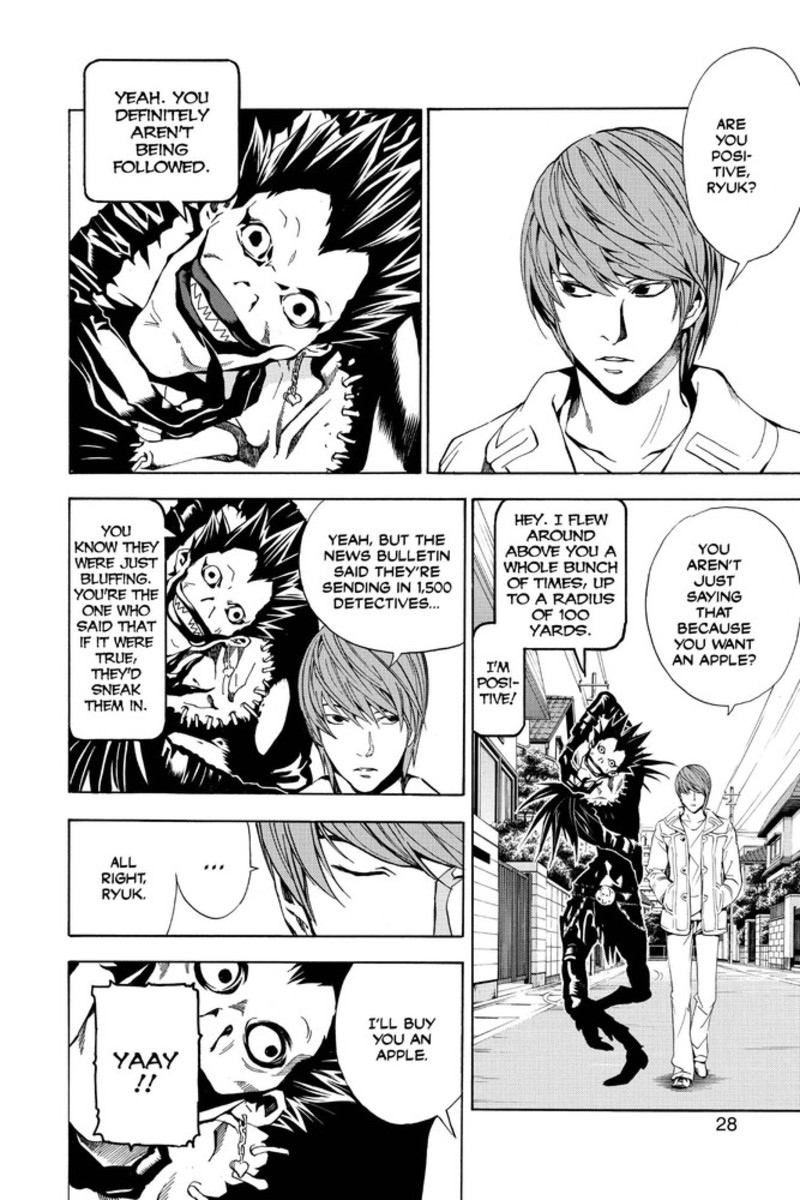 Light and Ryuk talking about the investigation as they walk.