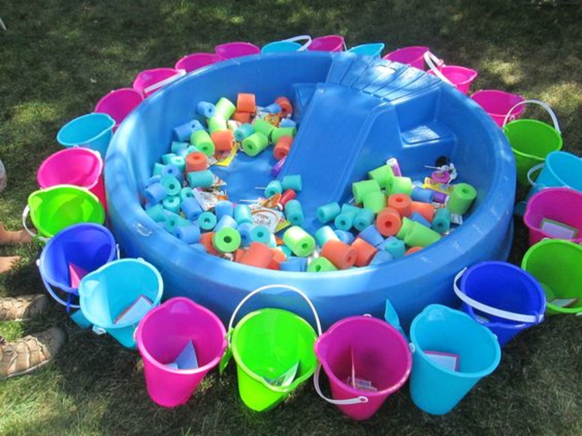 Fill a baby pool with cut-up pool noodles and goody bag treats, and let each kid take a pail and go 'fishing' for their party treats. Fill the pool with goldfish, Swedish fish, blow pops, bubble gum, and bubbles.
