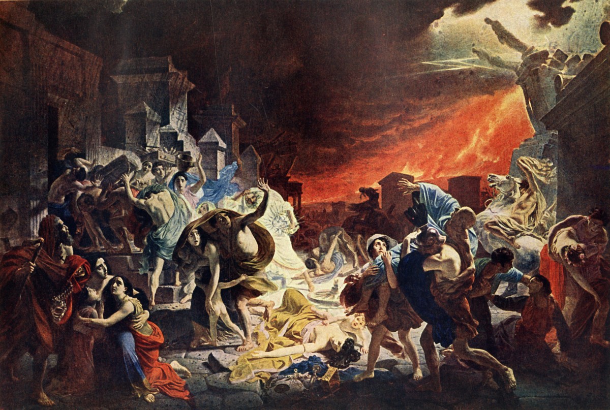 Destruction of Pompeii', 1833, (1939). 'The Last Day of Pompeii', depiction of people fleeing the eruption of Mount Vesuvius in Italy in 79 AD. 'The picture is based upon the Younger Pliny's story of the destruction of Pompeii.