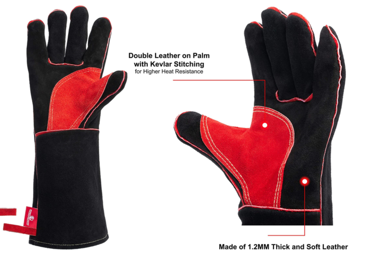 Leather heat-resistant gauntlet gloves provide protection from heat and ash. 