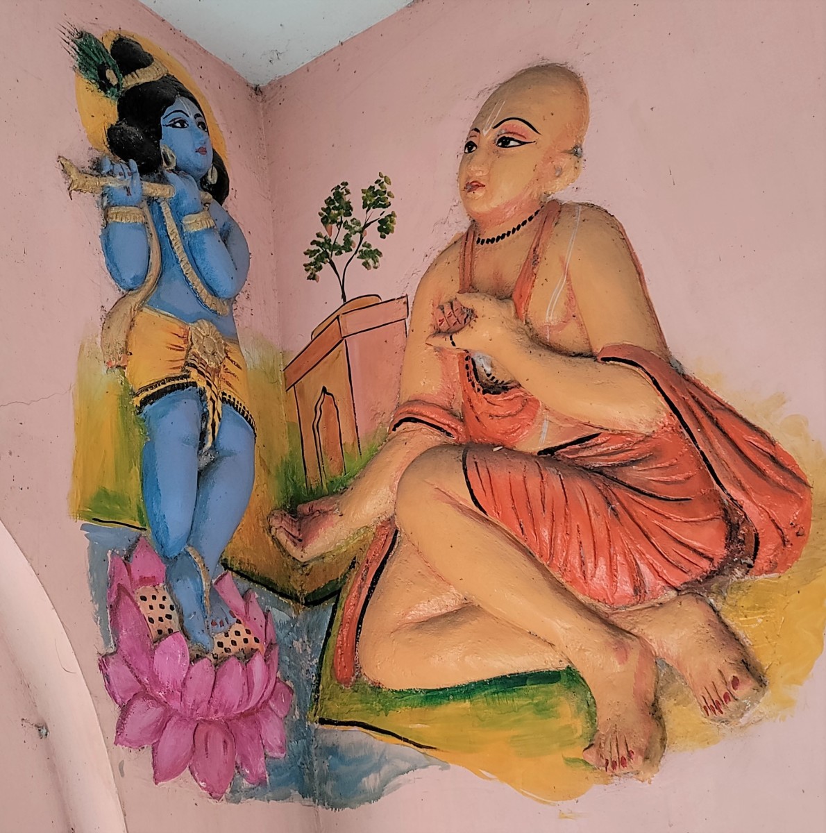 Shri Chaitanya Mahaprabhu with an image of Lord Krishna; stucco work; Shiva temple; Birbhanpur, Paschim Bardhaman