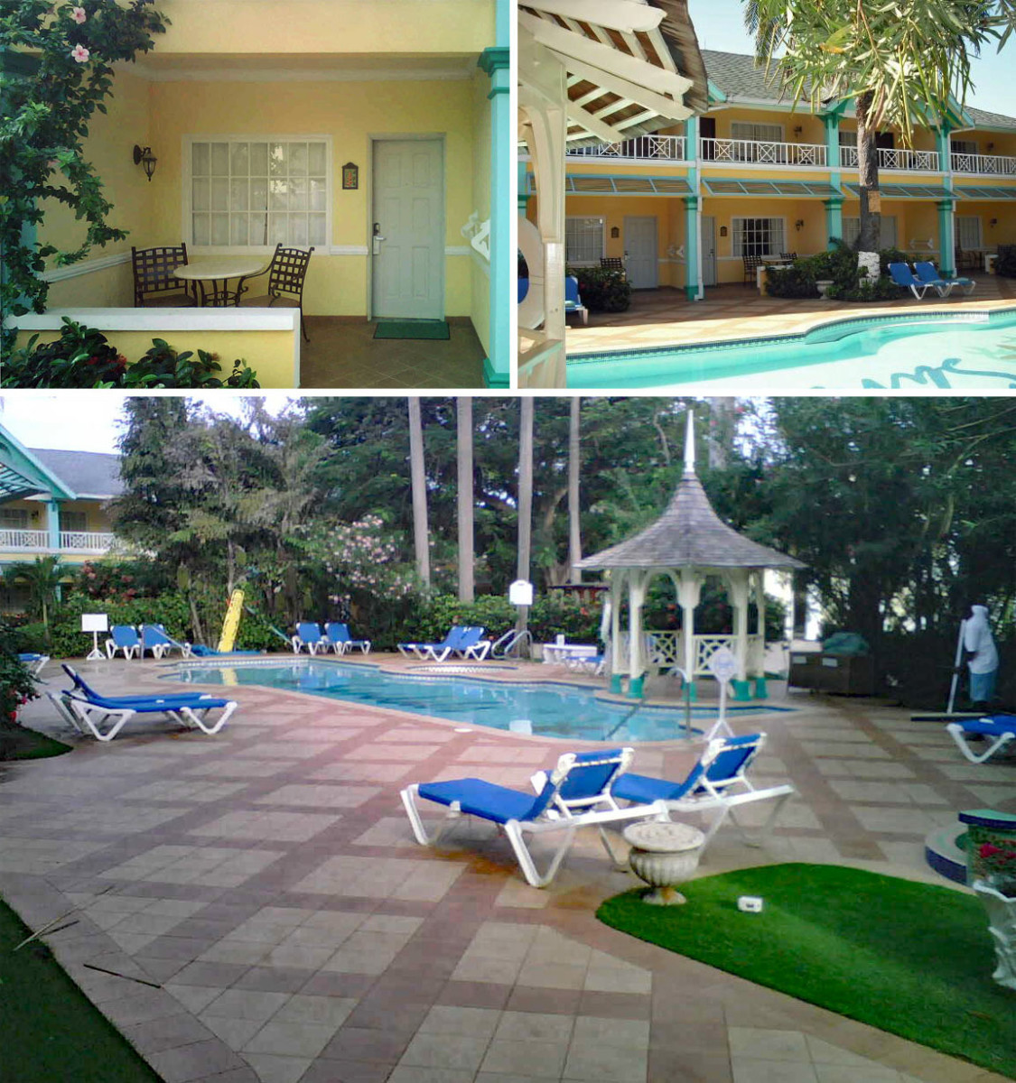 The outside of our suite with a covered porch and a pool steps away.