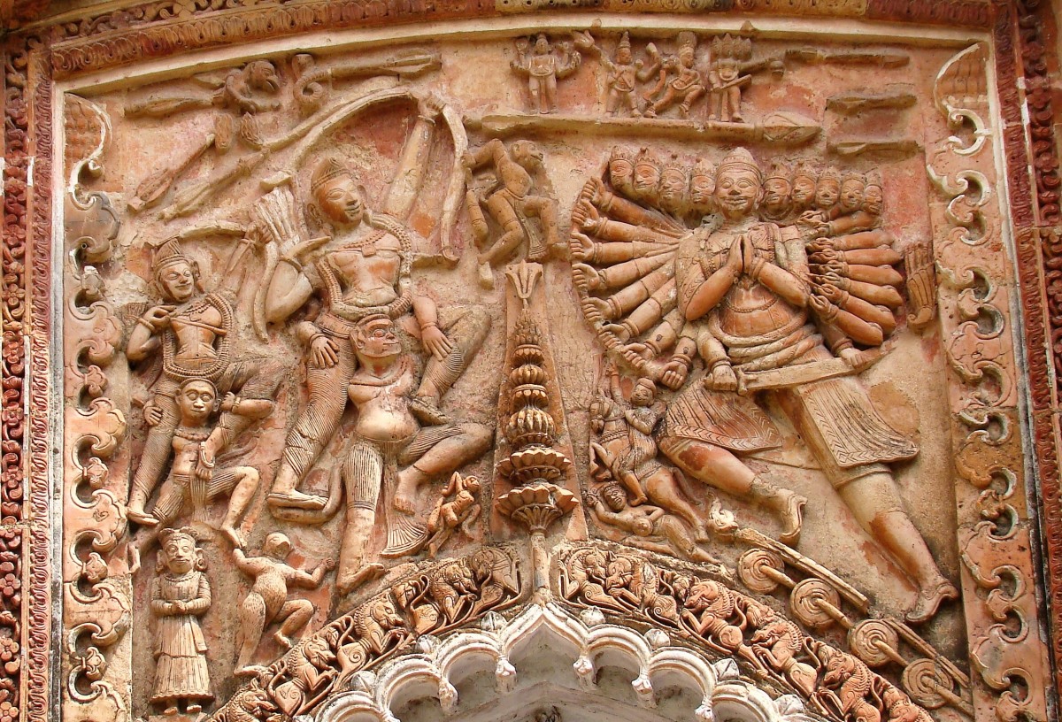 Lord Rama as an archer holding the bow in his left hand in battle with Ravana; terracotta; Charbangla temple, Baronagar, Murshidabad