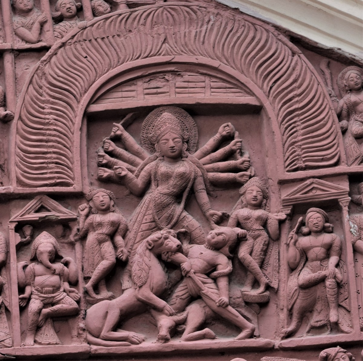 Goiddess Durga with 10 arms; terracotta; Lakshmi Janardan temple, Ilambazar, district Birbhum
