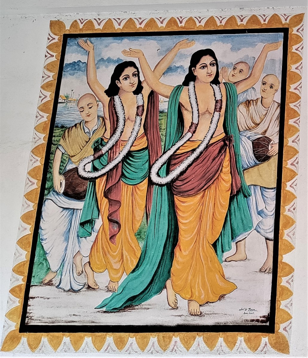 Shri Chaitanya Mahaprabhu with his closest associate Nityananda; painting; Nrisingha Deva temple, Gokarna, Murshidavad