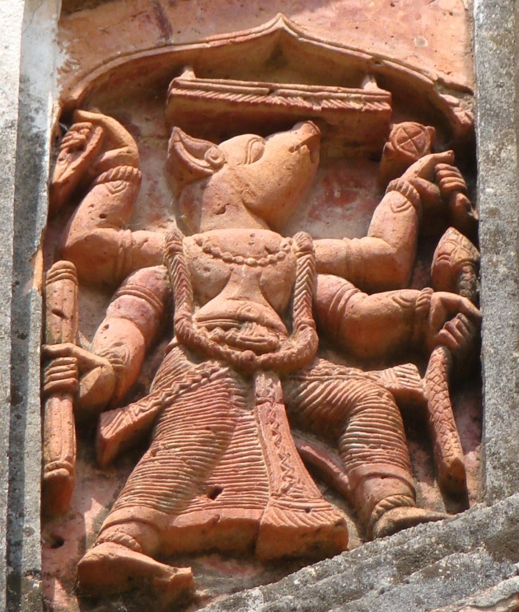 Varaha Avatar of Vishnu with 4 arms; terracotta; Charbangla temple, Baronagar, district Murshidabad