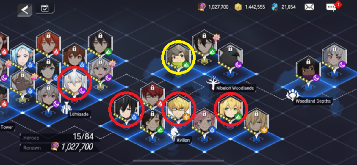 Chronicles screen in "Lord of Heroes" showing free starter heroes Mikhail, Fram, Johan, and Charlotte circled in red and the free hero Schneider from story progression circled in yellow.