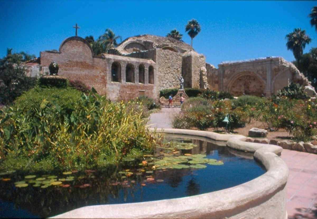 Mission San Juan Capistrano. The ruins of the church showing the remaining vaulted walls. 
