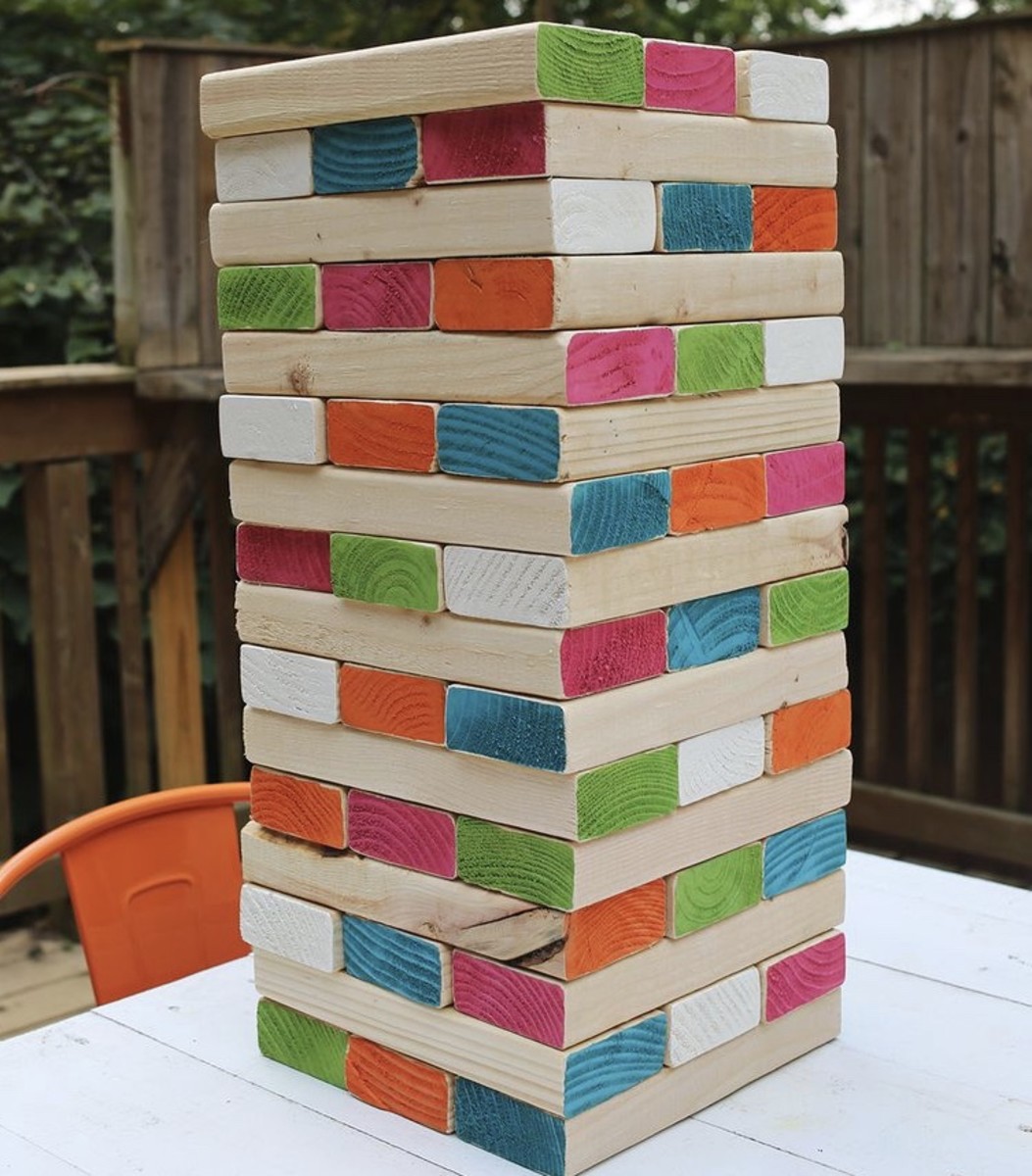 Colourful Jenga, made from 2x4 wood pieces.