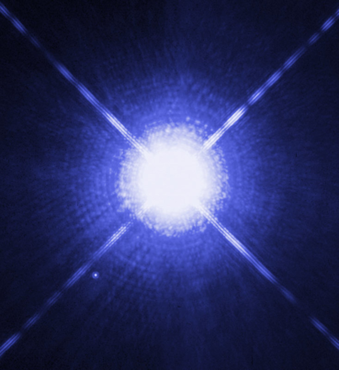 The tiny companion of Sirius A is a white dwarf called Sirius B (see lower left).