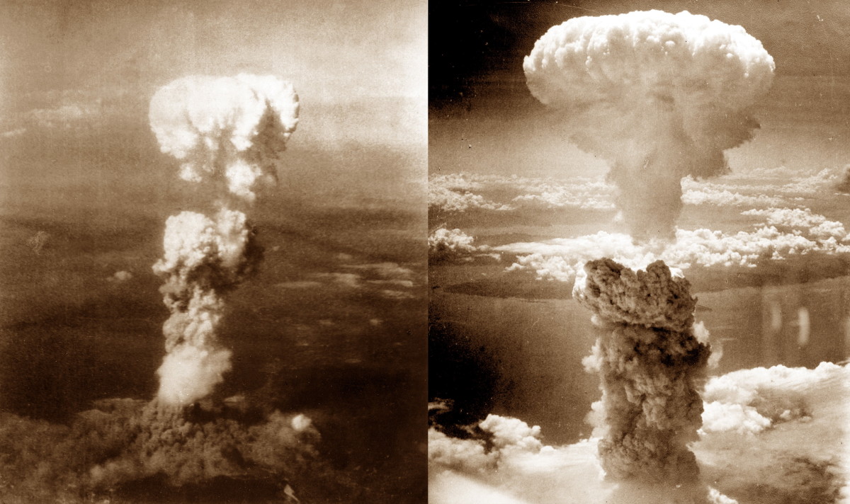 World War II, Atomic bomb mushroom clouds over Hiroshima (left) and Nagasaki 