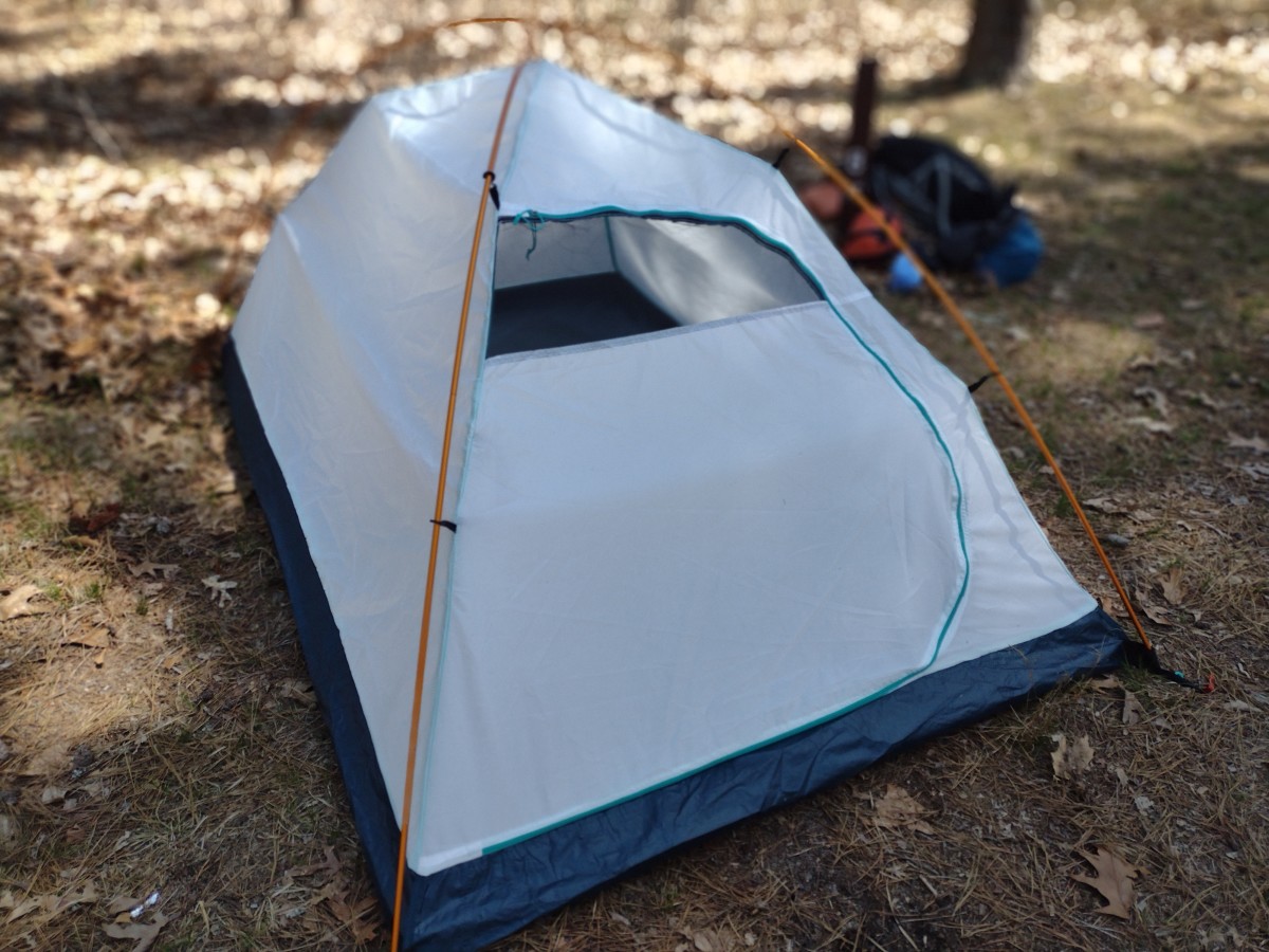 The Quechua MH100 tent body minus rain fly assembled with upgraded aluminum poles sold separately.