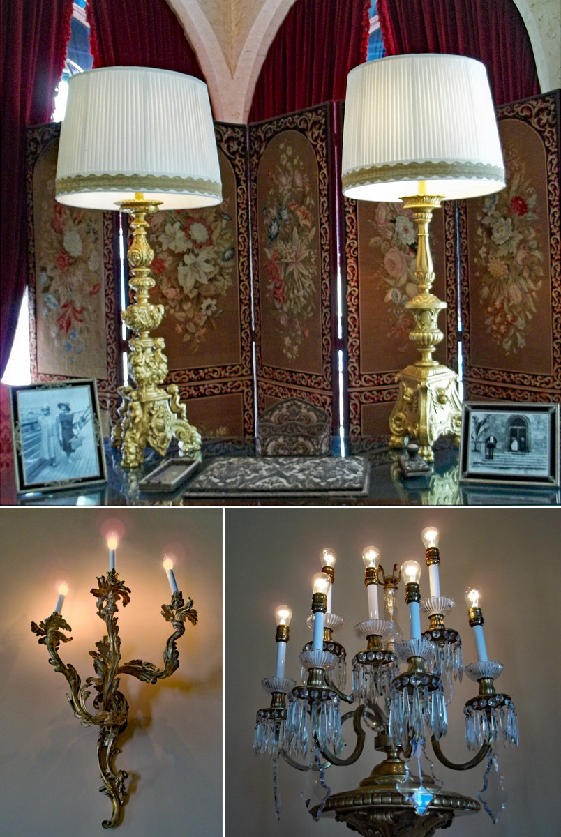 Ornate lamps, chandeliers and candelabras.