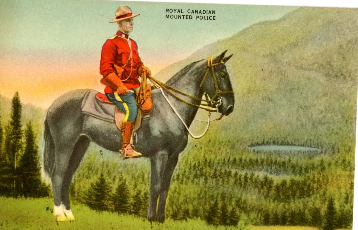 This is how we think of the Mounties. This was a painting by John Innes, in 1920. Not now! 