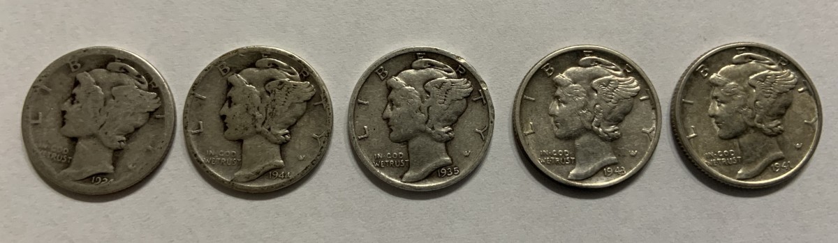 Obverse of graded Mercury dimes: 1924 AG-3, 1944-D G-6, 1935 VF-20, 1943-D EF-45, and 1941 MS-61.