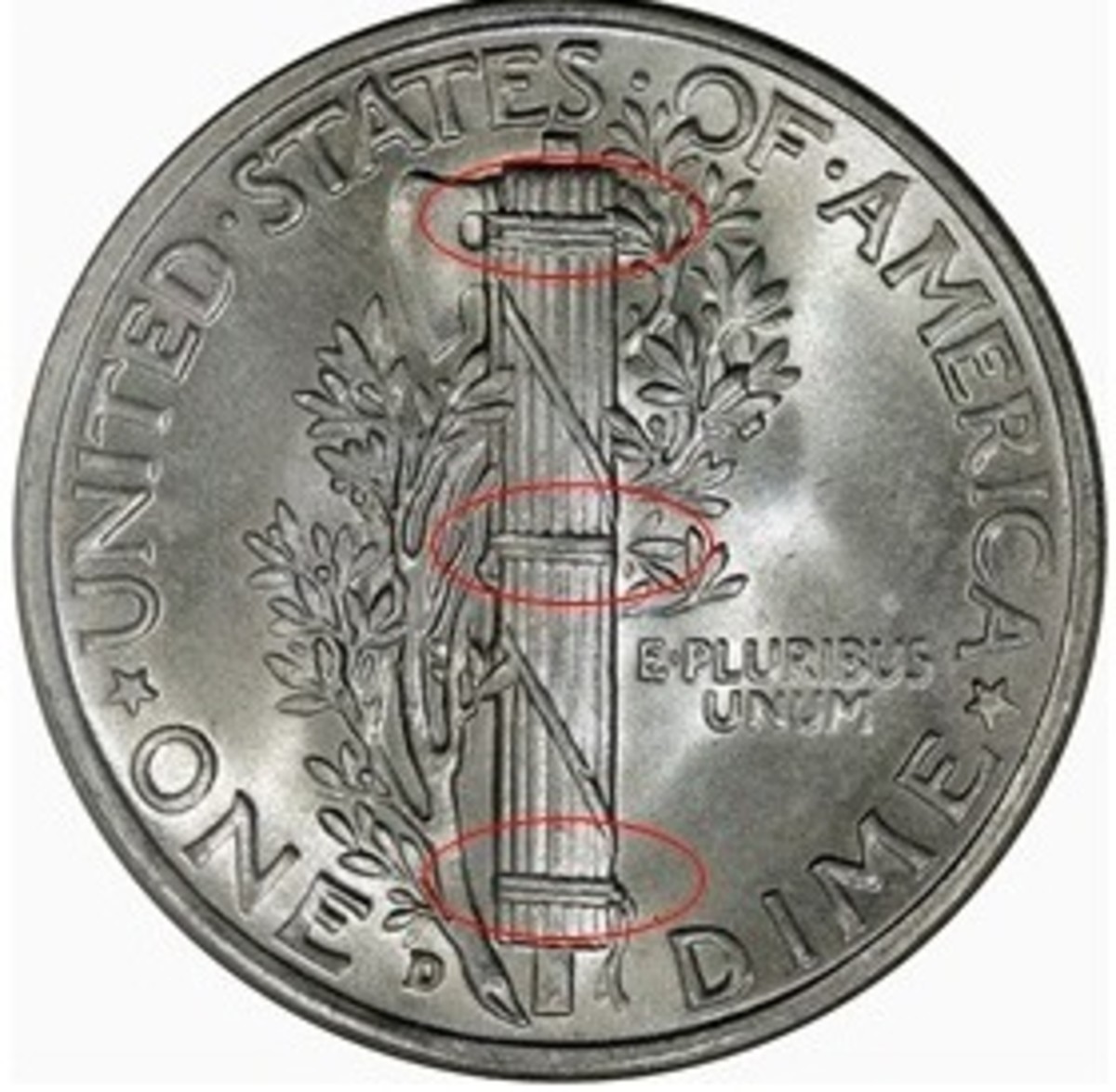 A Mercury dime with full split bands (FSB) shown within the red circles.