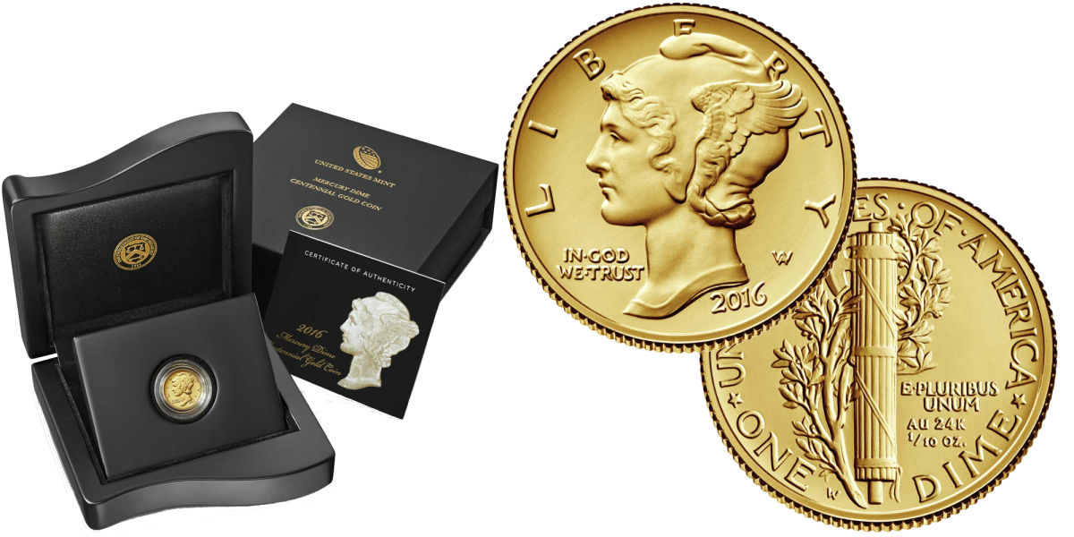 2016-W Gold Mercury dime in the original government mint holds.