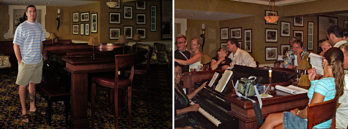 The piano bar during the day on the left and at night on the right.