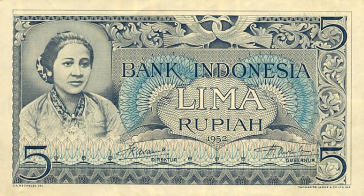 The IDR 5 banknote, printed in 1952 with Raden Ajeng Kartini's image