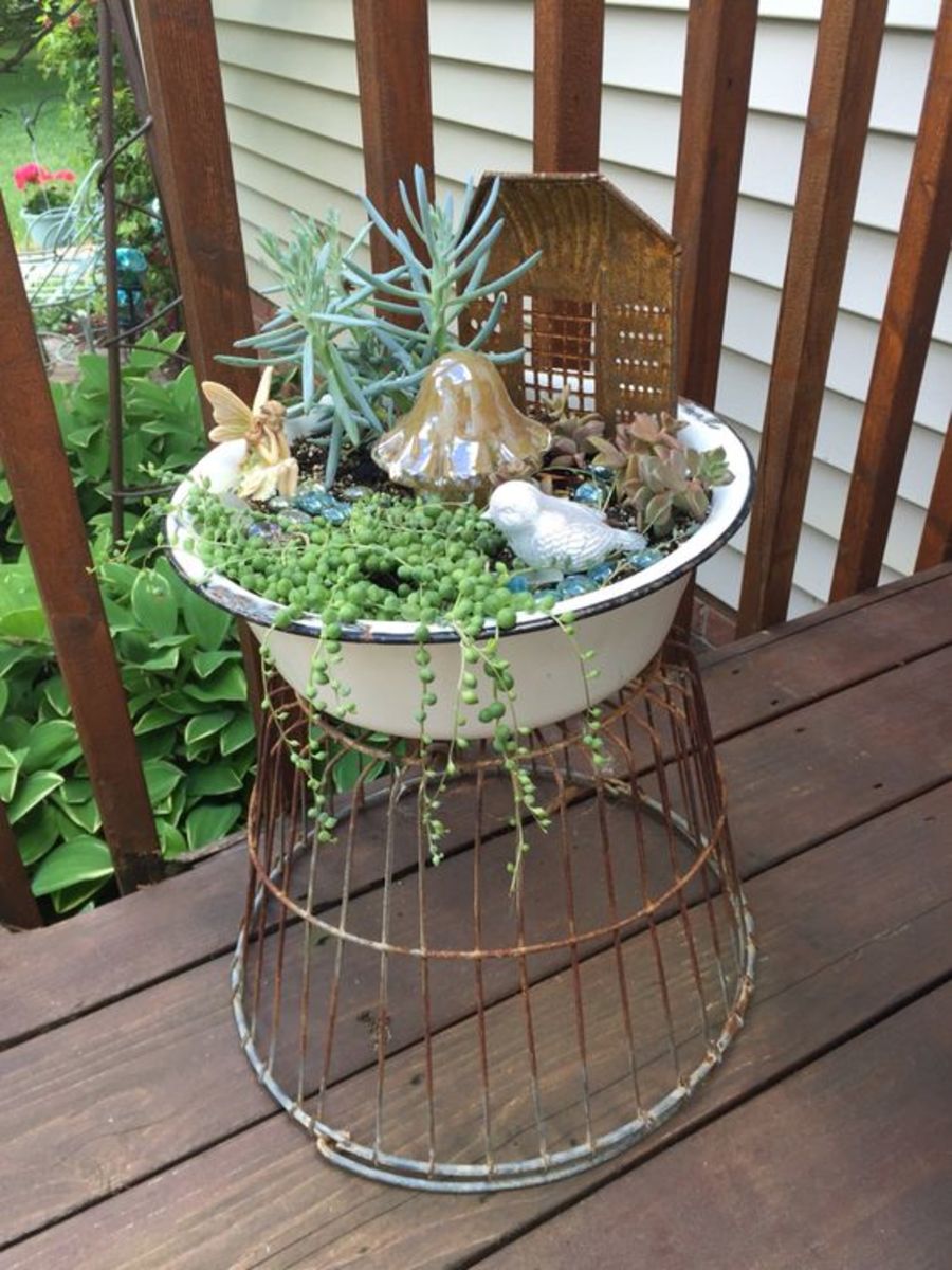 Fairy garden in enamel basin sitting on vintage metal egg basket.