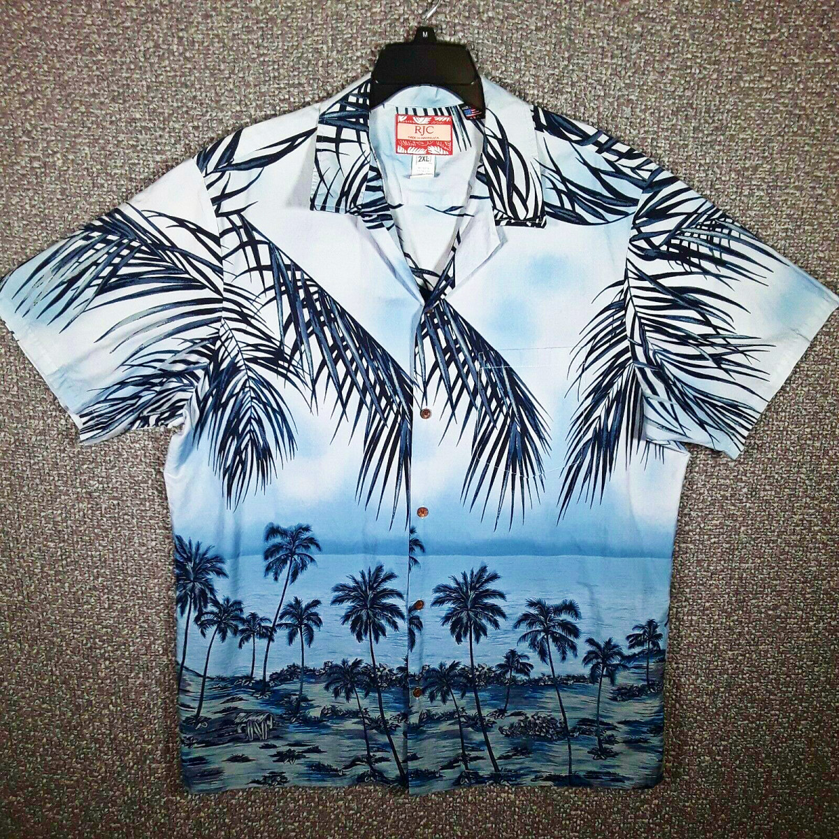 RJC Hawaiian Casual Shirt Men's 2XL Tropical Palms Made In USA, Dark blue, light blue, white.